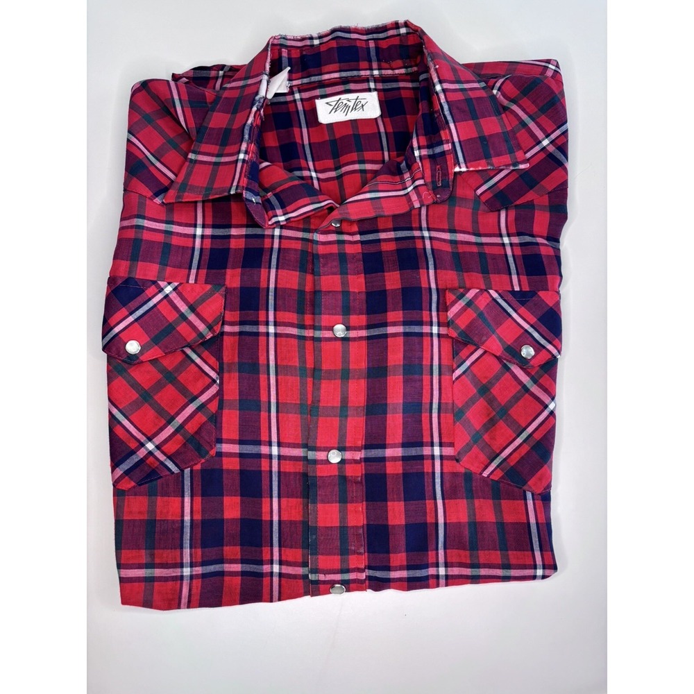 Vintage Tem Tex Men's Pearl Snap Shirt Red Short‎ Sleeved XL